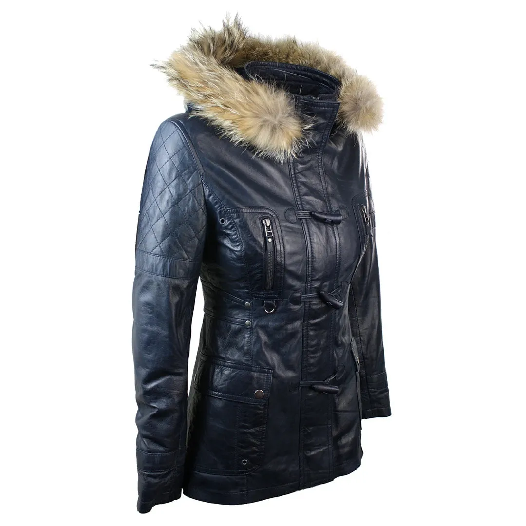 Women's Leather Trench Mid Length Hooded Raccoon Fur Winter Jacket