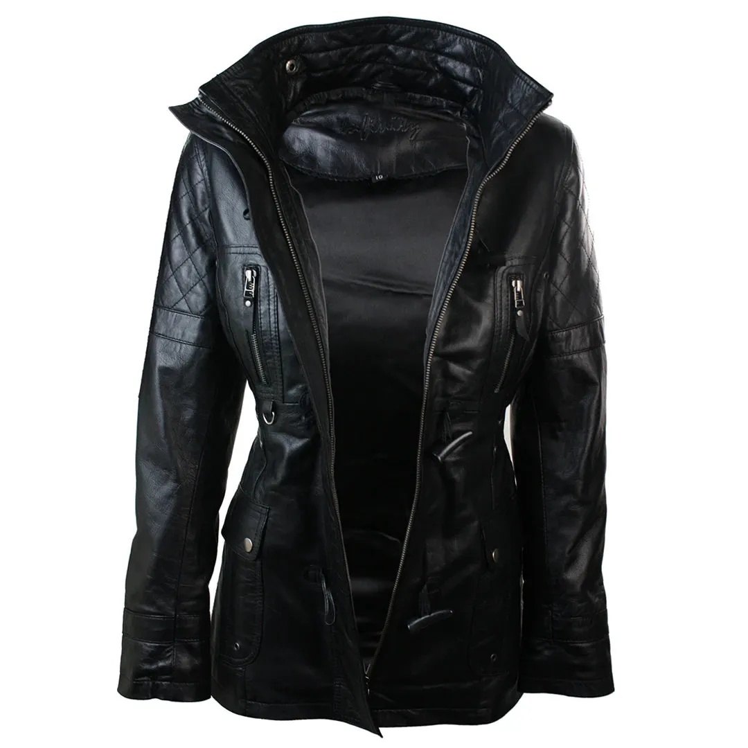 Women's Leather Trench Mid Length Hooded Raccoon Fur Winter Jacket