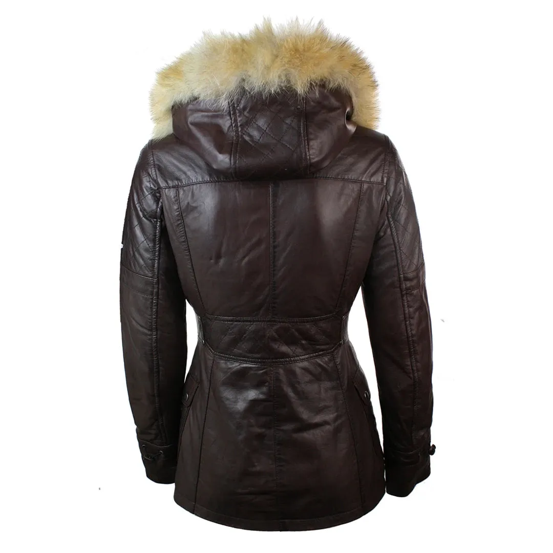 Women's Leather Trench Mid Length Hooded Raccoon Fur Winter Jacket