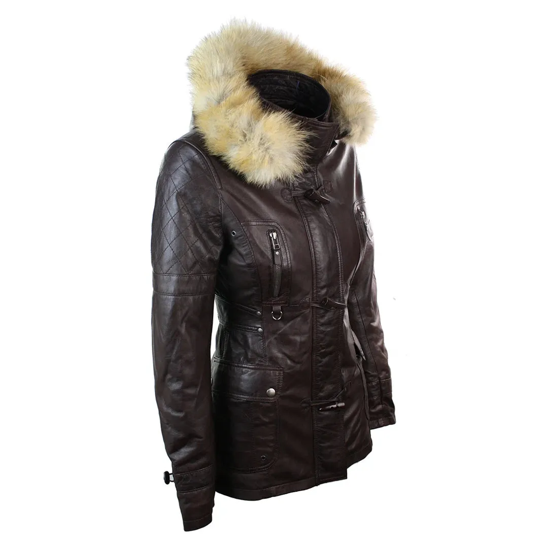 Women's Leather Trench Mid Length Hooded Raccoon Fur Winter Jacket