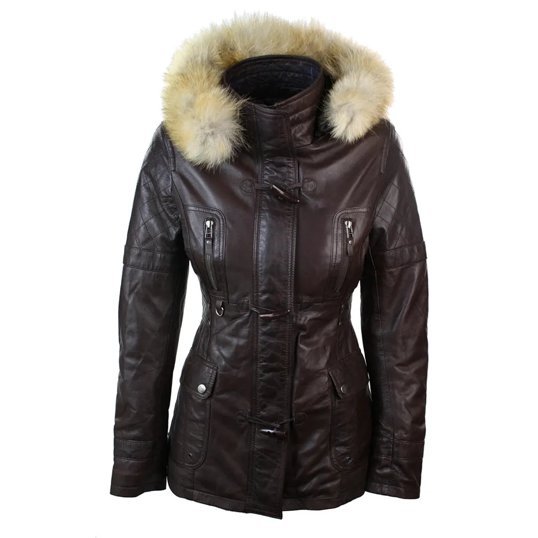 Women's Leather Trench Mid Length Hooded Raccoon Fur Winter Jacket