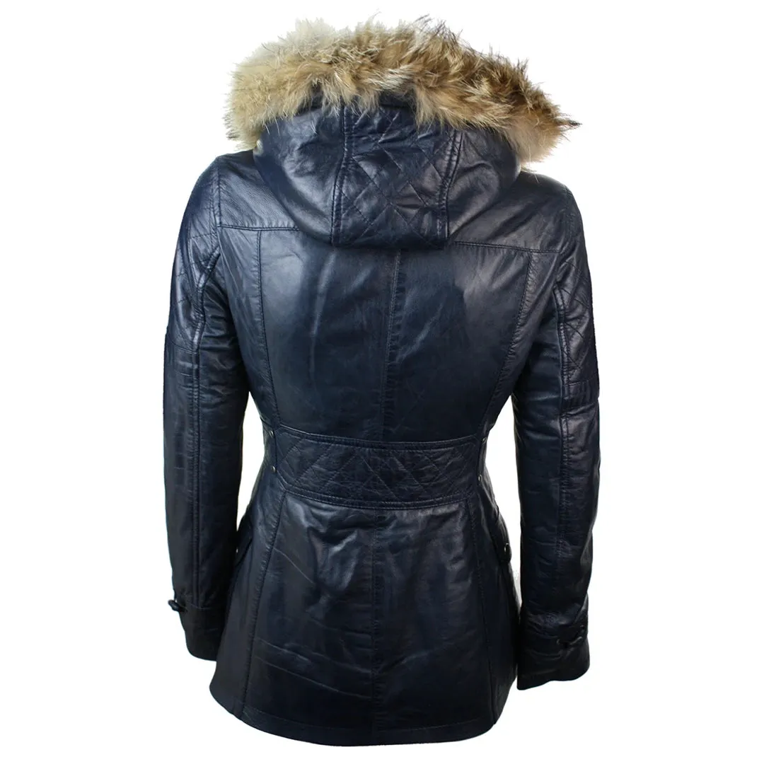 Women's Leather Trench Mid Length Hooded Raccoon Fur Winter Jacket