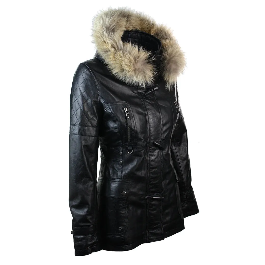 Women's Leather Trench Mid Length Hooded Raccoon Fur Winter Jacket