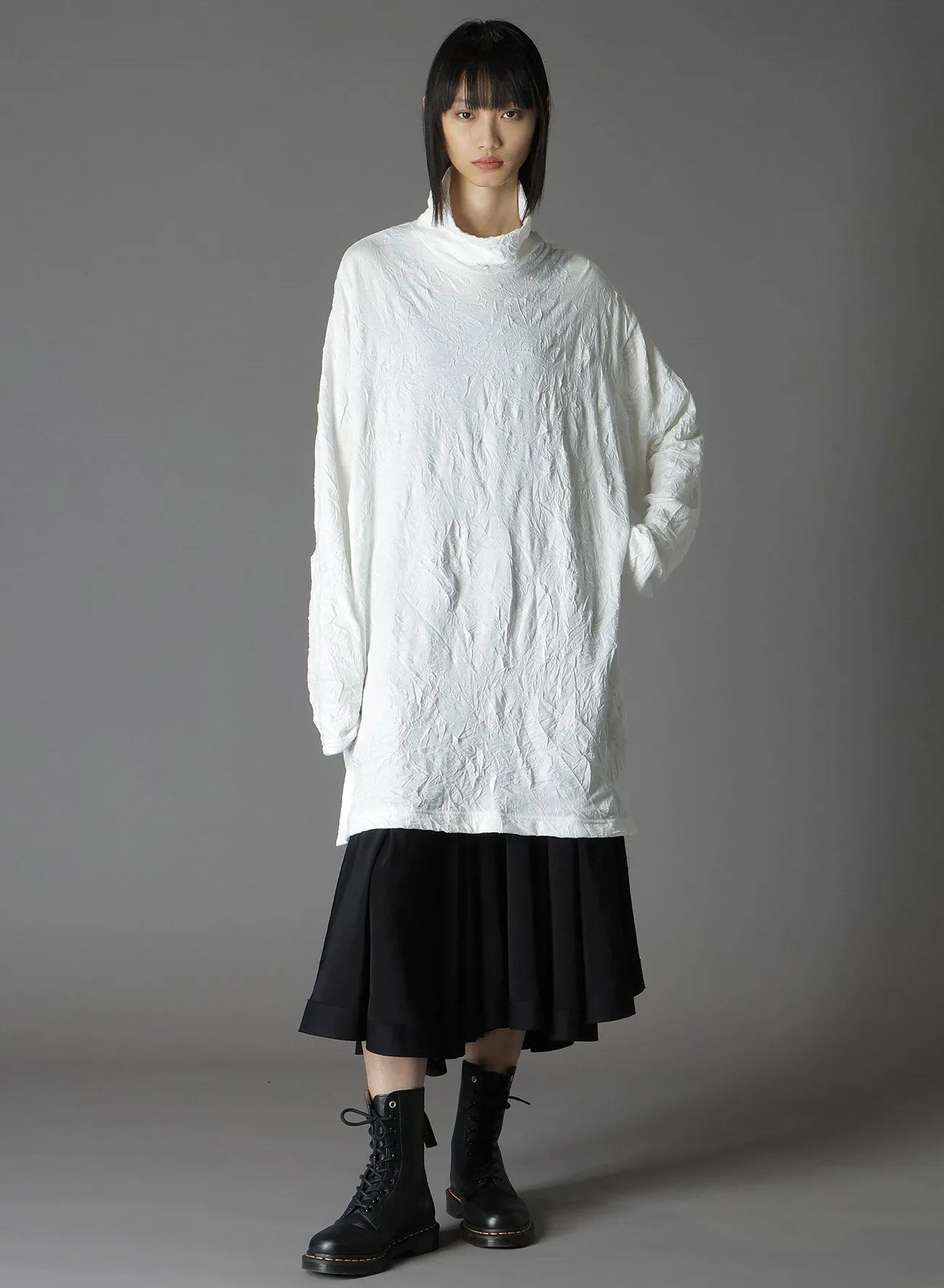 WRINKLED PLAIN STITCH RIGHT-BUTTON OPEN TURTLENECK LONG-SLEEVED T-SHIRT