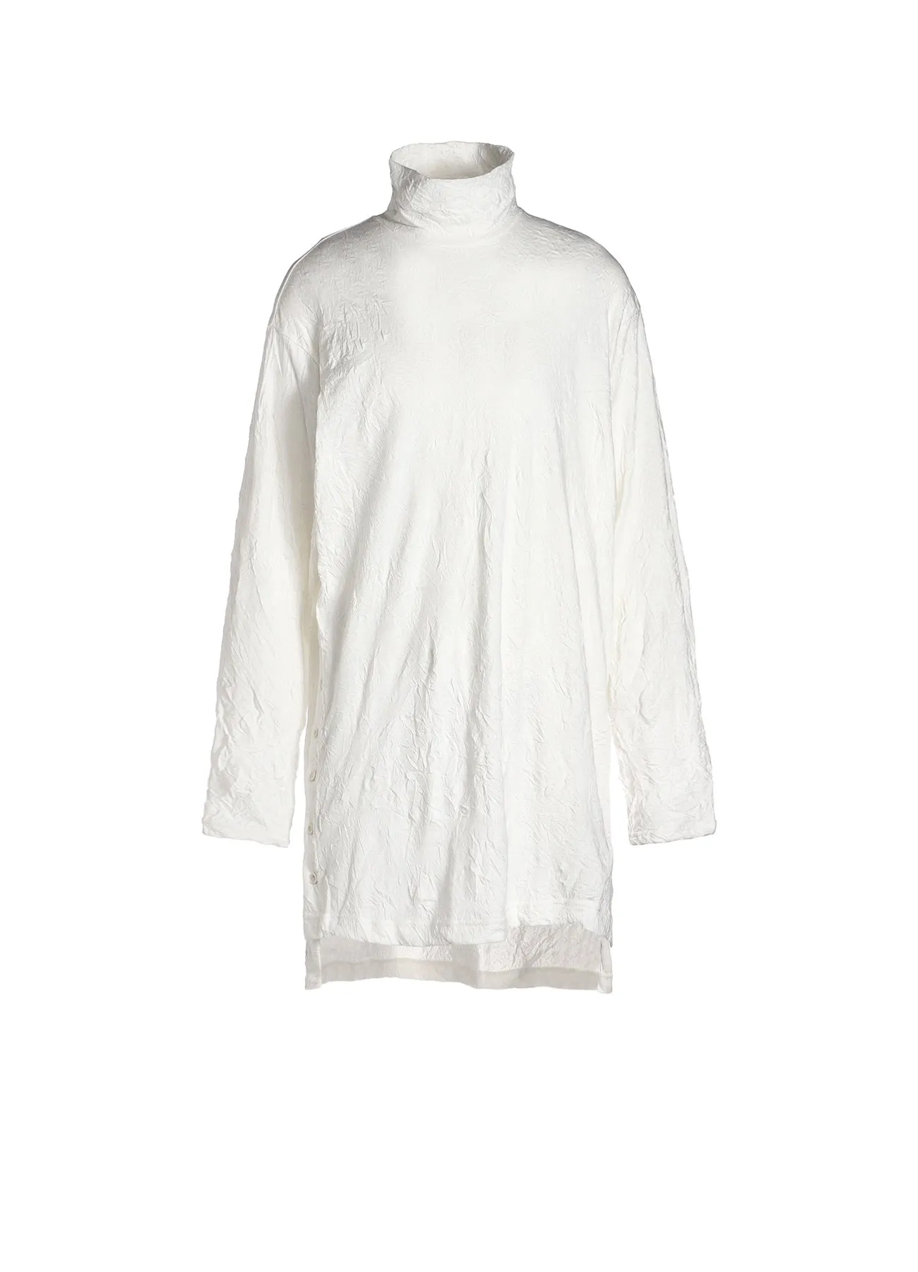 WRINKLED PLAIN STITCH RIGHT-BUTTON OPEN TURTLENECK LONG-SLEEVED T-SHIRT